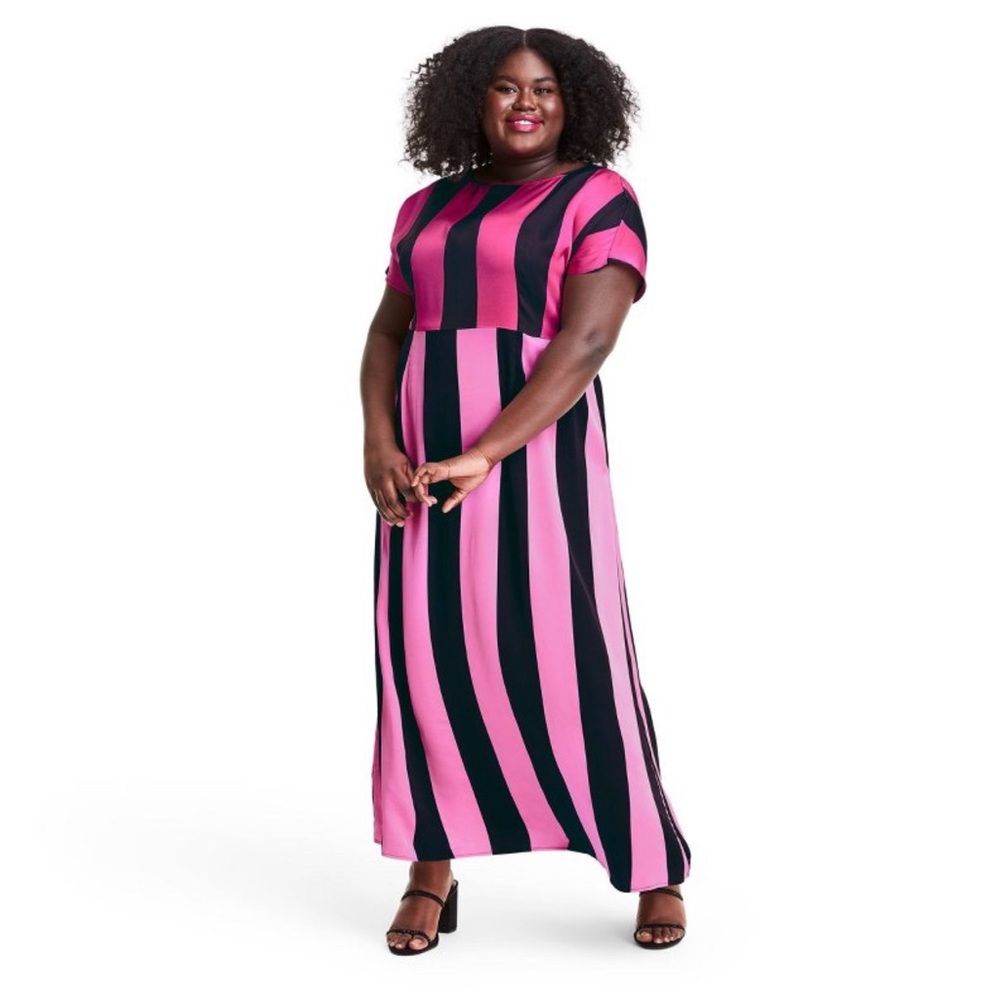 Plus Size Pink Stripe Short Sleeve Sheath Dress - Picture 5 of 6